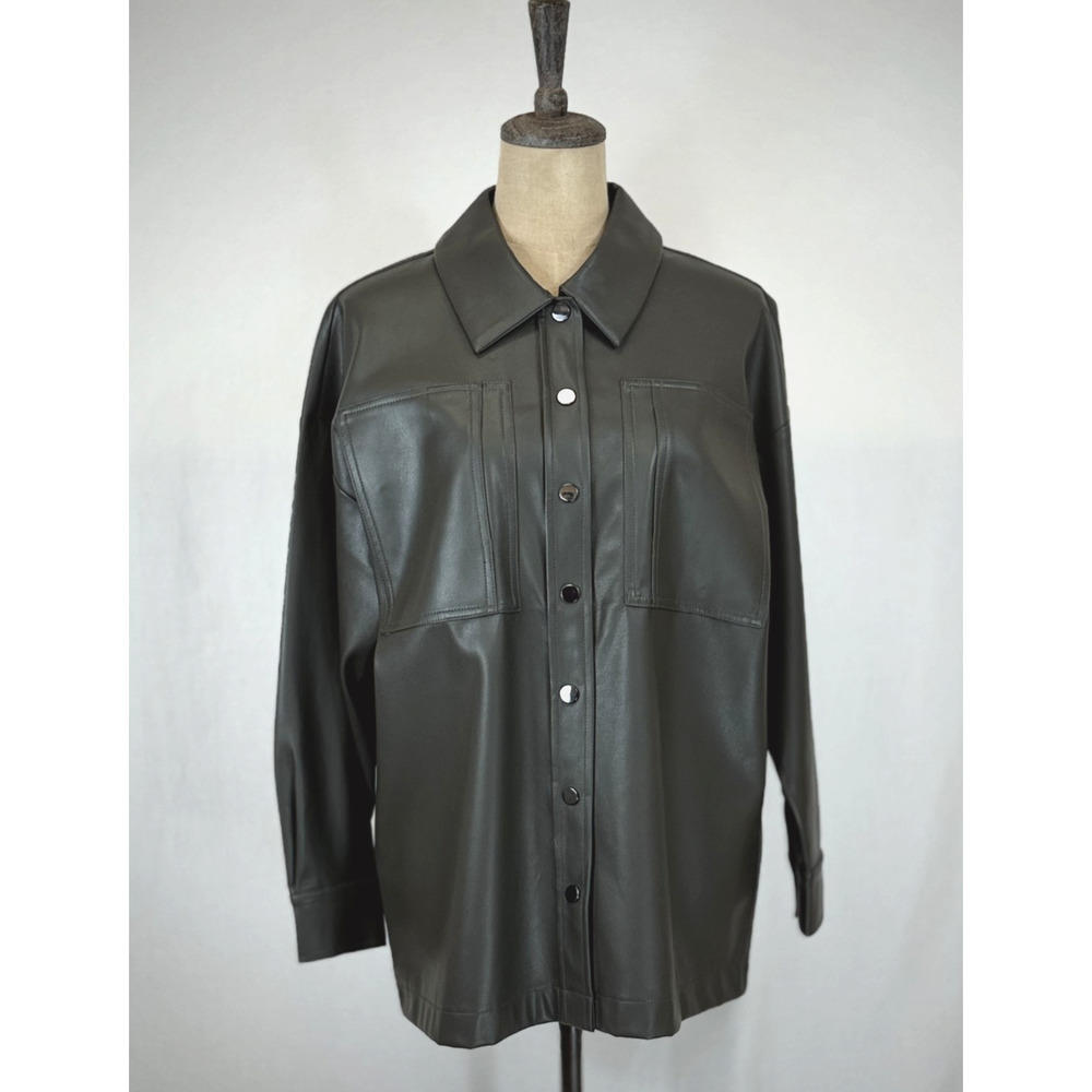 NWT Dear John Yara Dark Army Green Faux Leather Shacket / Jacket #0254 MED